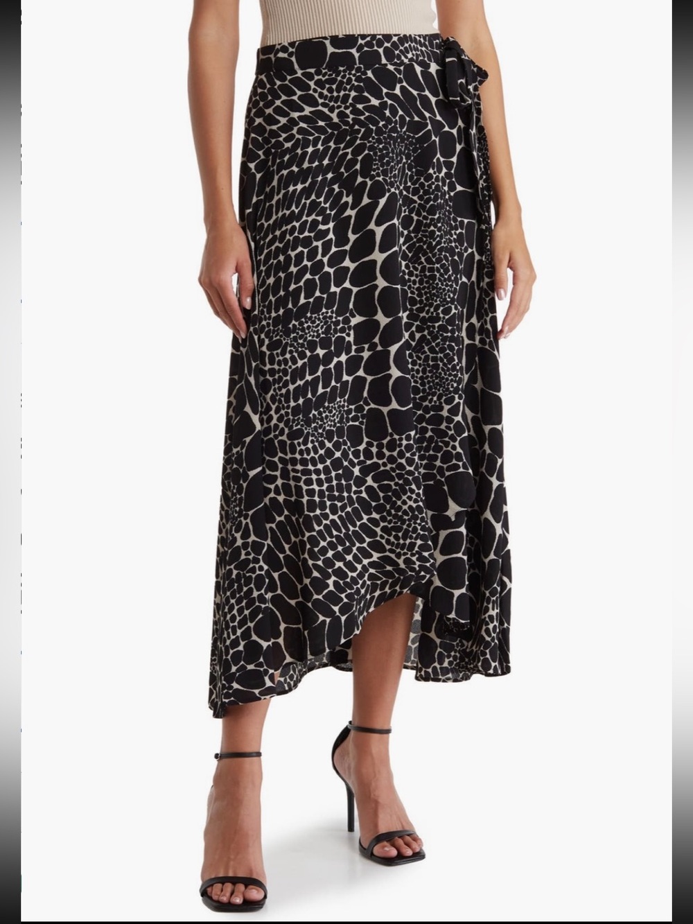 Black and Cream Animal-Print Wrap Midi Skirt